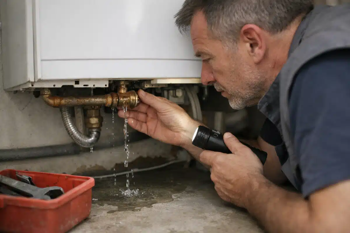 Plombier inspectant une fuite d'eau sous un chauffe-eau.