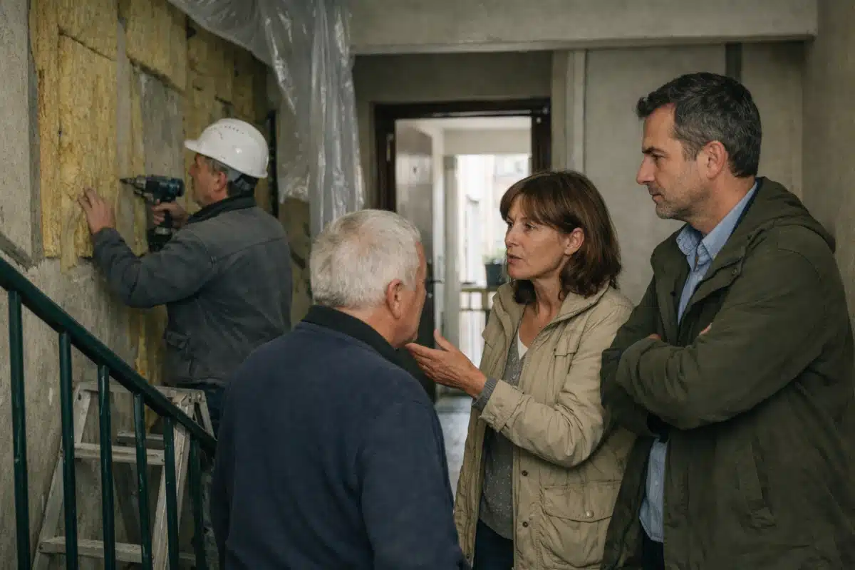 femme discutant travaux de rénovation avec artisans