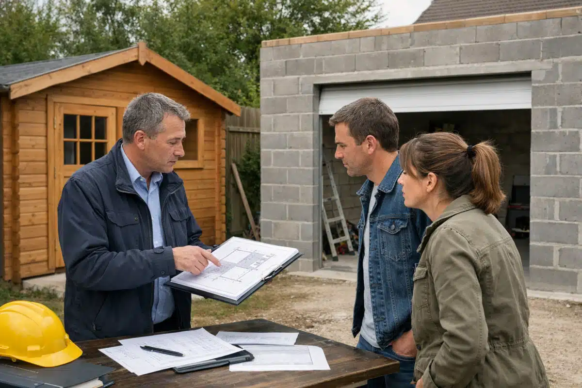 Homme montrant des plans à un couple devant garage