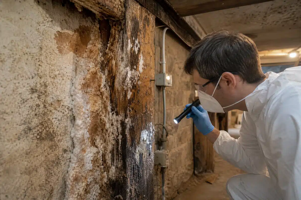 technicien masqué inspectant mur moisi dans une cave