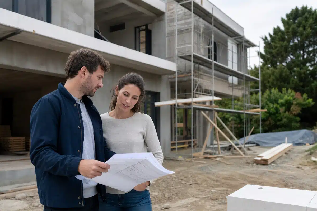 Deux personnes examinant des plans devant un bâtiment en construction
