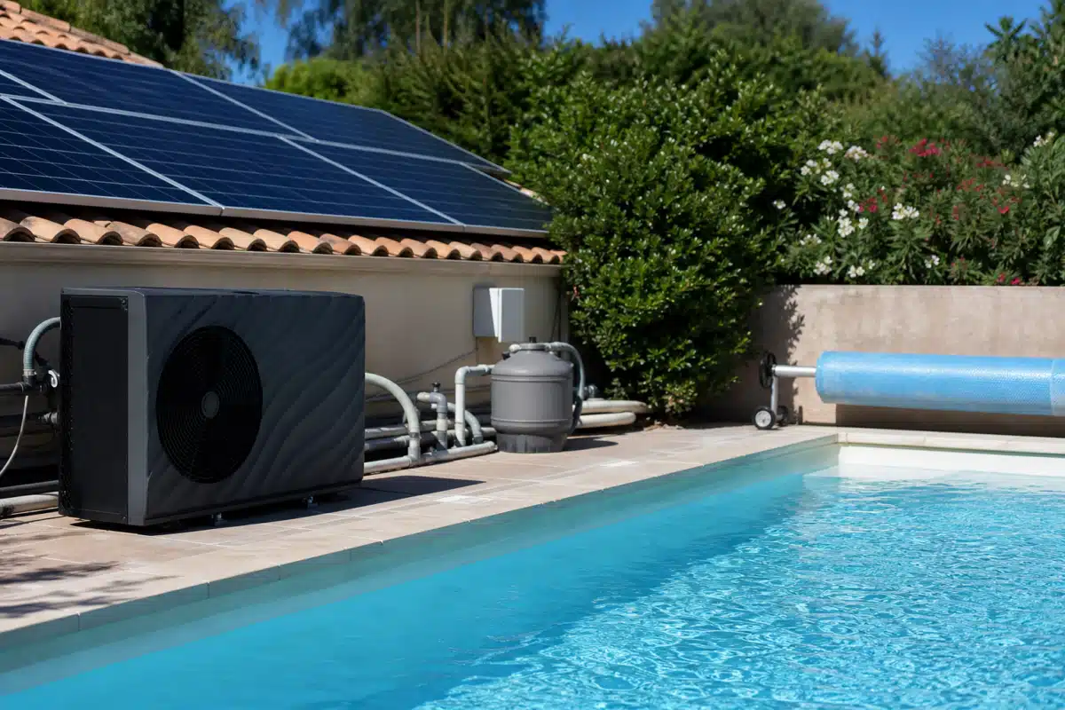 Pompe à chaleur et panneaux solaires près d'une piscine